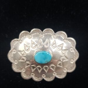 Vintage Concho Scalloped Edge Silver and Turquoise Brooch